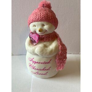 Supported Cherished Loved Snowman Ornament With Pink Knit Hat & Scarf Holding He